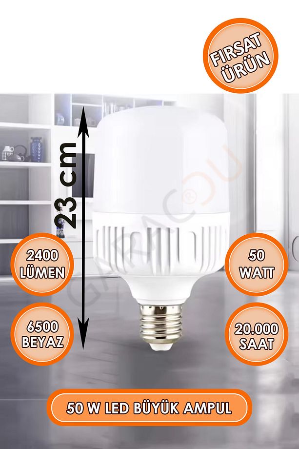 50 Watt Torch Led Büyük Boy Ampul Beyaz Işık Tasarruflu Ampül E27 Normal Duy 1 Adet - 1