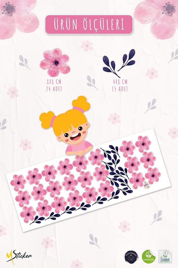 Soft Renklerde Pembe Çiçekler ve Yapraklar Dekoratif Sticker Seti Duvar Kağıdı Görünümlü Sticker - 5