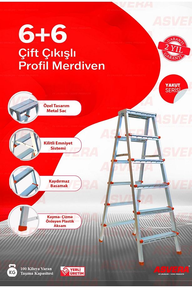 Yakut Serisi - 6+6 Basamaklı Çift Çıkışlı Galvanizli Profil Merdiven (Ev, bahçe, işyeri için uygun) - 1