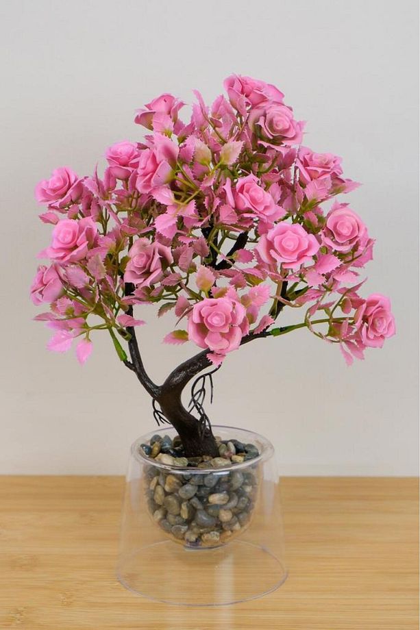Dekoratif Çift Cidarlı Saksıda Yapraklı Gül 30cm Pembe EVA-5863 - 1