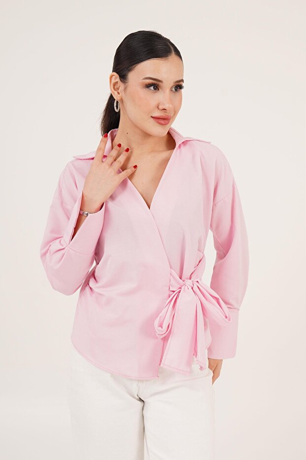 Double Breasted Collar Pink Shirt with Side Tie Detail