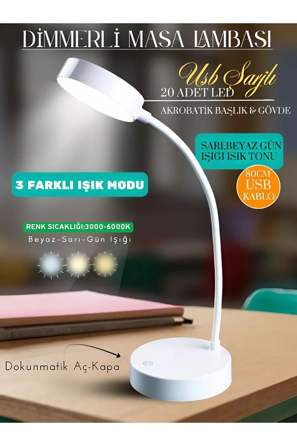 Şarjlı Masa ve Gece Lambası Akrobat Dokunmatik 3 Renk Aydınlatma Dimmerli Çalışma Okuma Led Işığı - 1