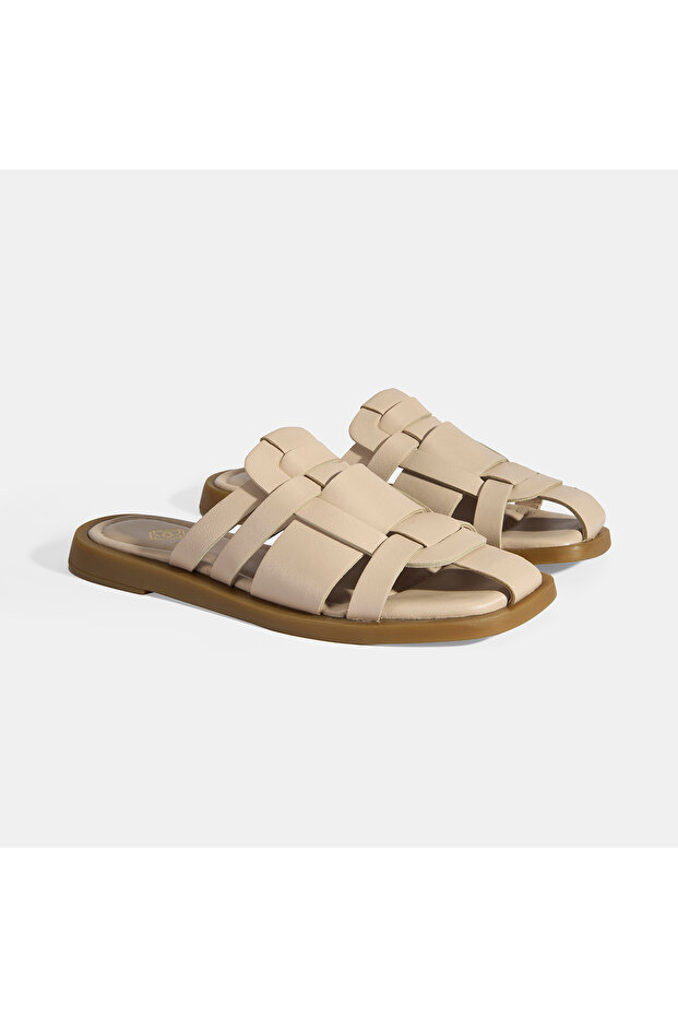 Kadın Krem Deri Terlik - 2