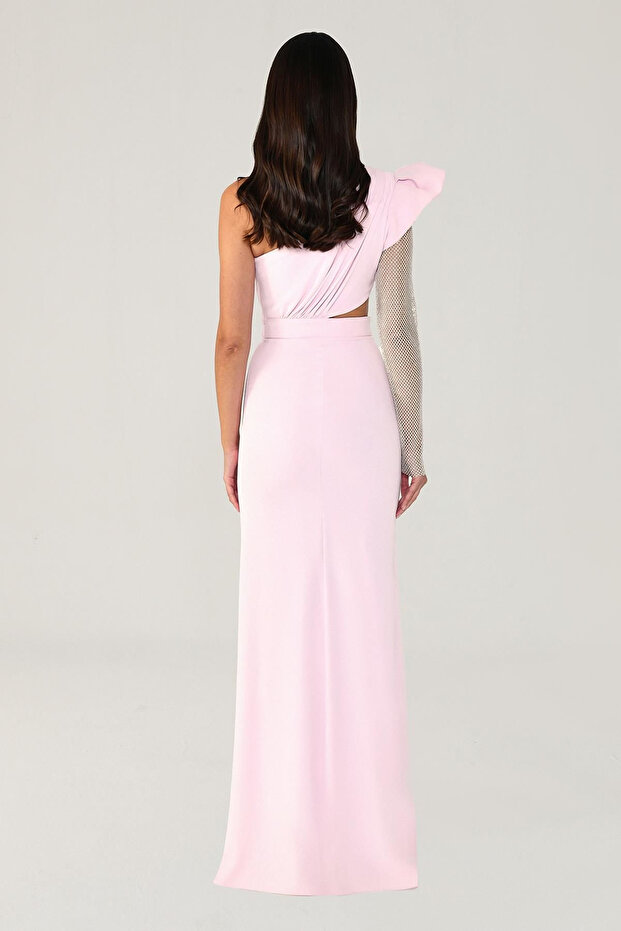 Kadın Tek Kolu Ve Yırtmacı Transparan Uzun Pembe Abiye & Mezuniyet Elbisesi Ab5918-pembe - 4