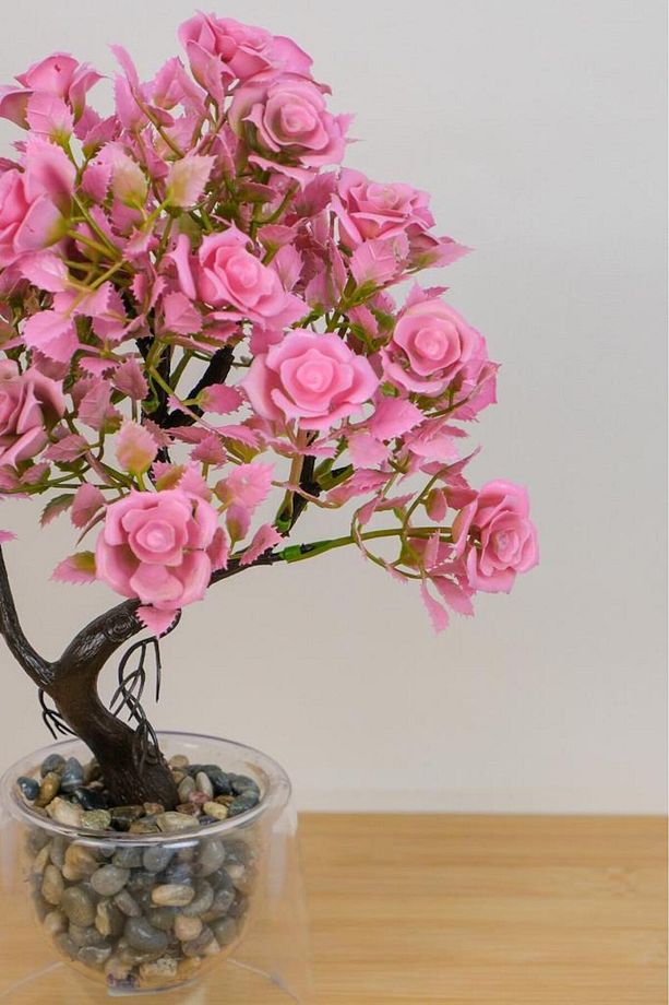 Dekoratif Çift Cidarlı Saksıda Yapraklı Gül 30cm Pembe EVA-5863 - 2
