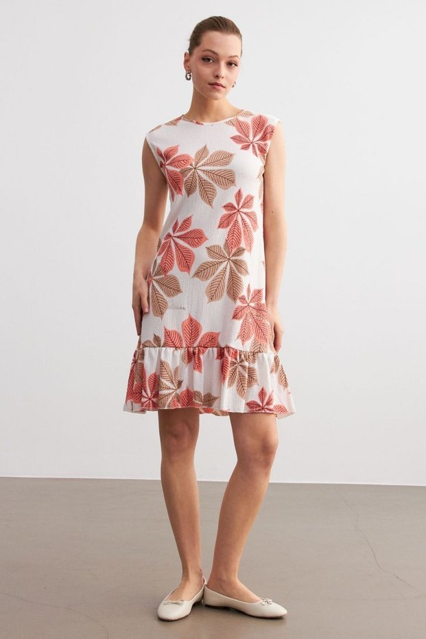 Women's Orange-White Floral Print Sleeveless Mini Crinkle Dress