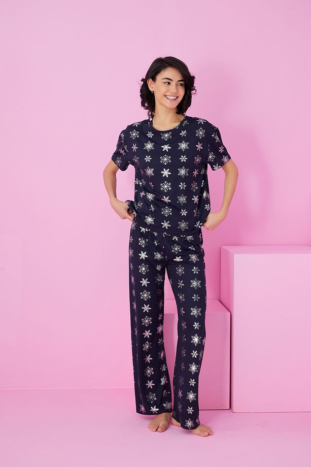lacivert kar tanesi Varak Baskılı Örme Pijama Takım7845 - 2