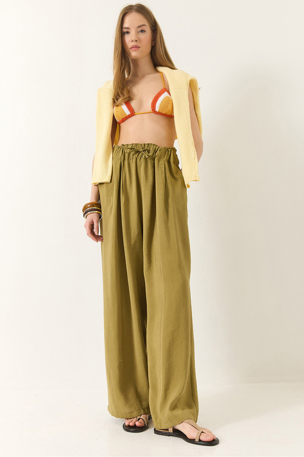 Women's Oil Green High Waist Wide Elastic Oversize Palazzo Trousers 80165 60271071