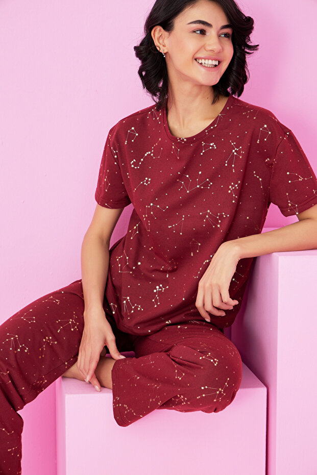 Burgundy Star Varak Printed Knitted Pajama Suit7845