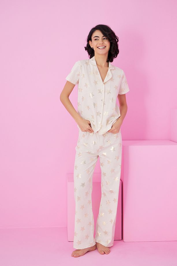ekru yıldız Varak Baskılı Örme Düğmeli Pijama Takım7846 - 2