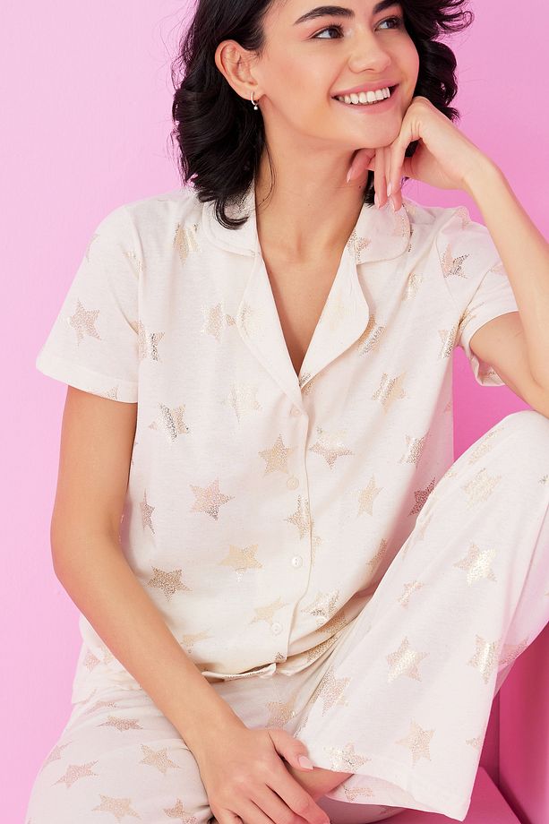 ekru yıldız Varak Baskılı Örme Düğmeli Pijama Takım7846 - 1
