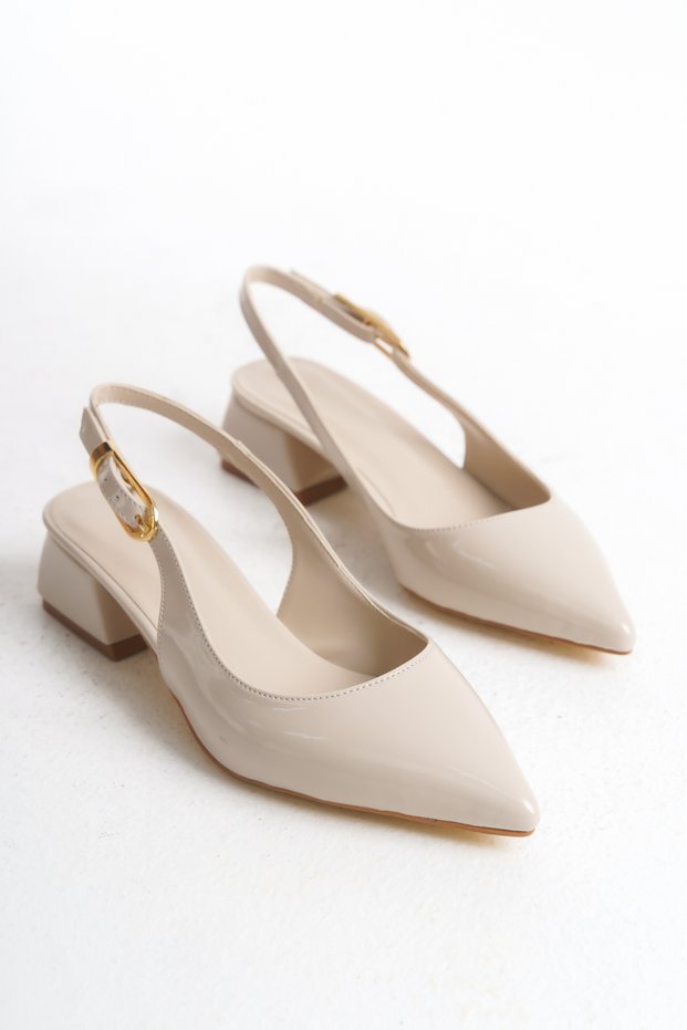 Women's Beige Patent Leather Buckle Strap New Season Short 3 cm Heeled Shoes