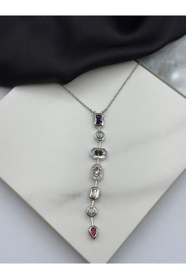 Silver Colorful Zircon Stone Design Y Necklace Stylish Steel Necklace