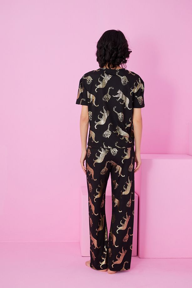 siyah kaplan Varak Baskılı Örme Pijama Takım7845 - 3