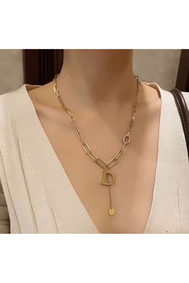 Letter D Paperclip Chain Model Zircon Stone Steel Necklace (Letter D Necklace)