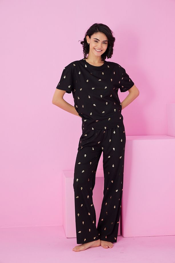 siyah yaprak Varak Baskılı Örme Pijama Takım7845 - 2