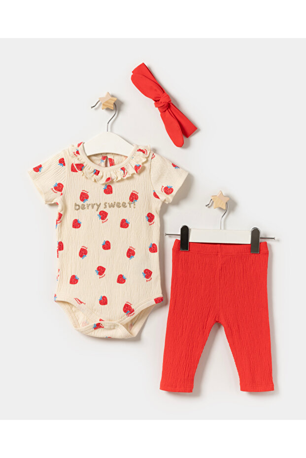 Baby Girl Bodysuit Knitted Muslin Bandana Summer 3-Piece Set Red