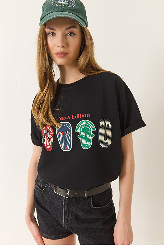 Women's Black Printed Oversize Short Sleeve Basic T-Shirt 60284034