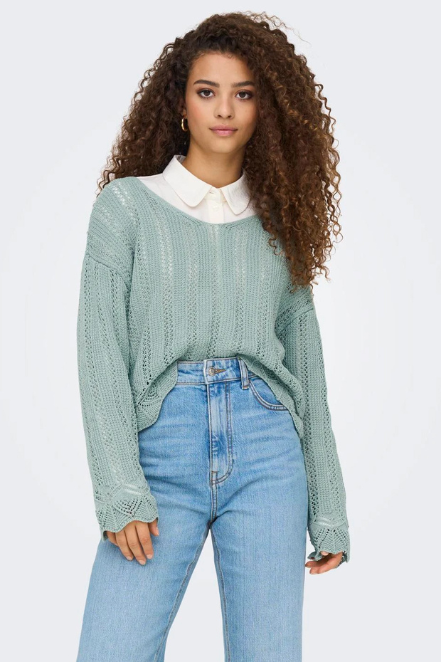 Only Women's Regular Fit V-Neck Blue Knitted Sweater - 15339529 - 1