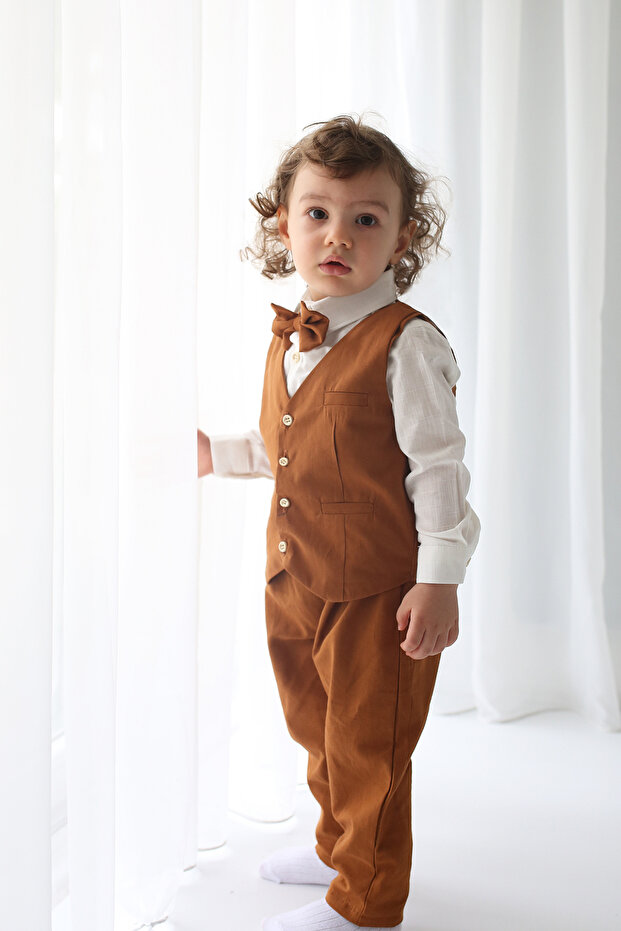 Boy's Brown Linen Vest Strap Suit Set of 4 (100% Cotton)