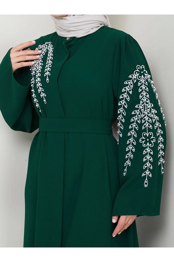 TAŞLİ ABAYA TESETTÜR GIYIM KADIN FERACE ELBISE ZÜMRÜT - 5