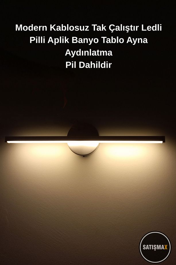 Modern Kablosuz Tak Çalıştır Ledli Pilli Aplik Banyo Tablo Ayna Aydınlatma Gri Pil Dahildir - 1