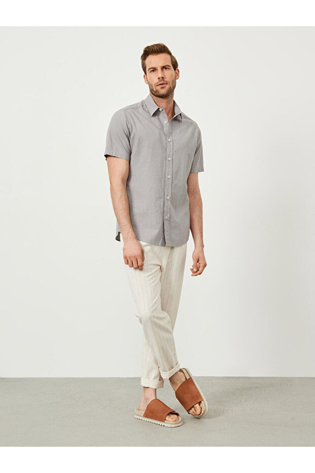 Erkek Gri Oversize Pamuklu Basic Gömlek - 2