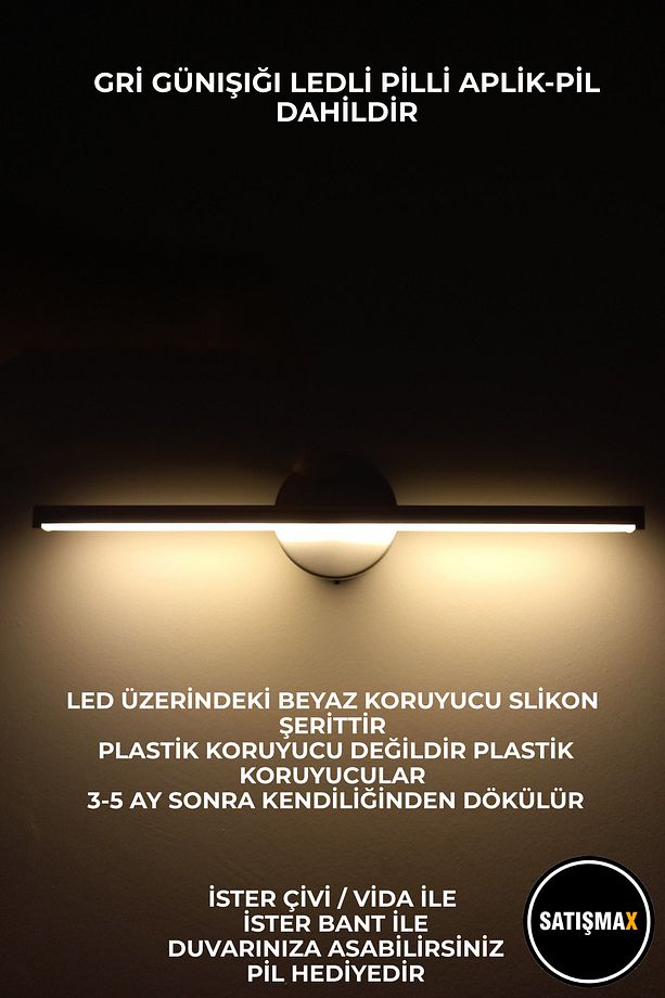 Modern Kablosuz Tak Çalıştır Ledli Pilli Aplik Banyo Tablo Ayna Aydınlatma Gri Pil Dahildir - 2