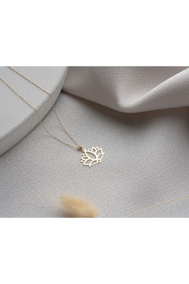 14 Ayar Altın Lotus Çiçeği Kolye Minimalist Hafif Kolye, 1,2 cm Genişlik - 3