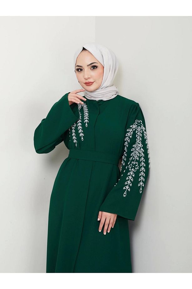 TAŞLİ ABAYA TESETTÜR GIYIM KADIN FERACE ELBISE ZÜMRÜT - 8