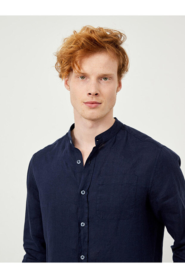 Erkek Lacivert Regular Fit Keten Basic Gömlek - 3