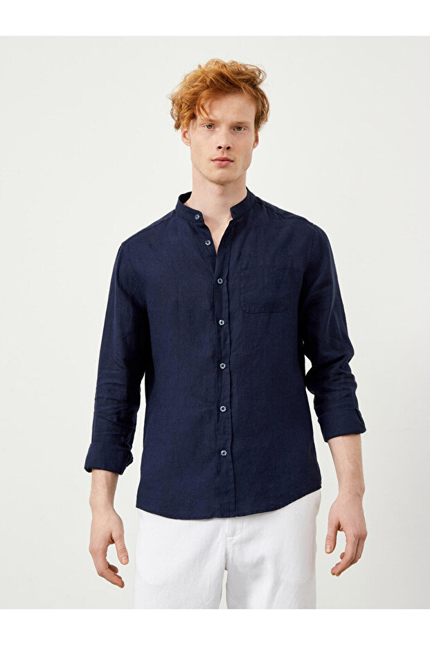 Erkek Lacivert Regular Fit Keten Basic Gömlek - 1