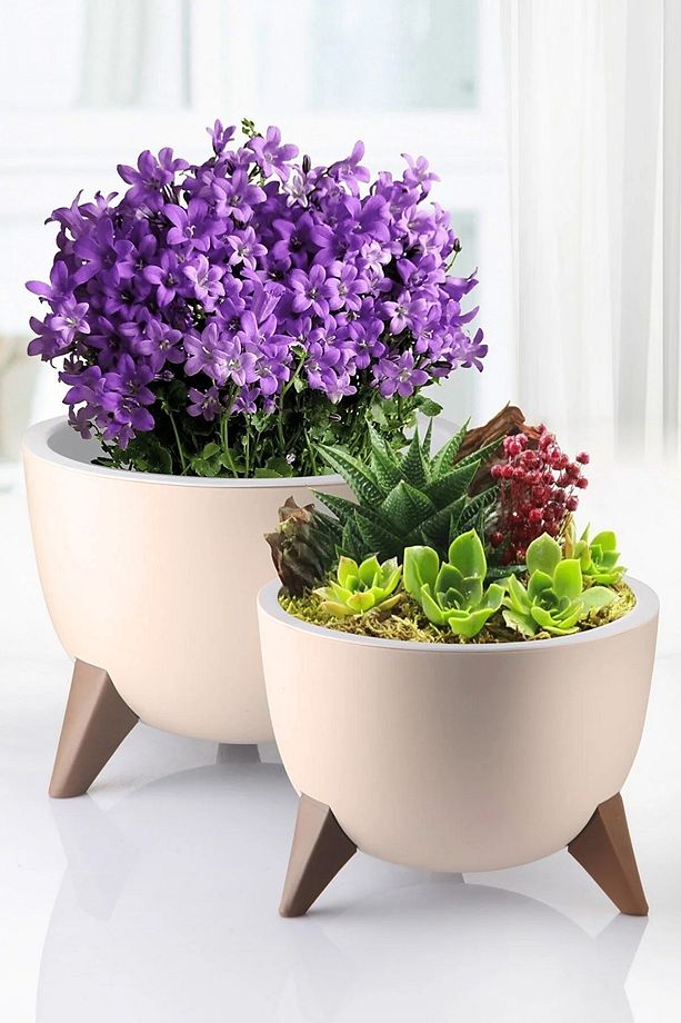 2li Küre Saksı Seti 2 Boy Ayaklı Süzgeçli Plastik Çiçek Saksısı Set - 8