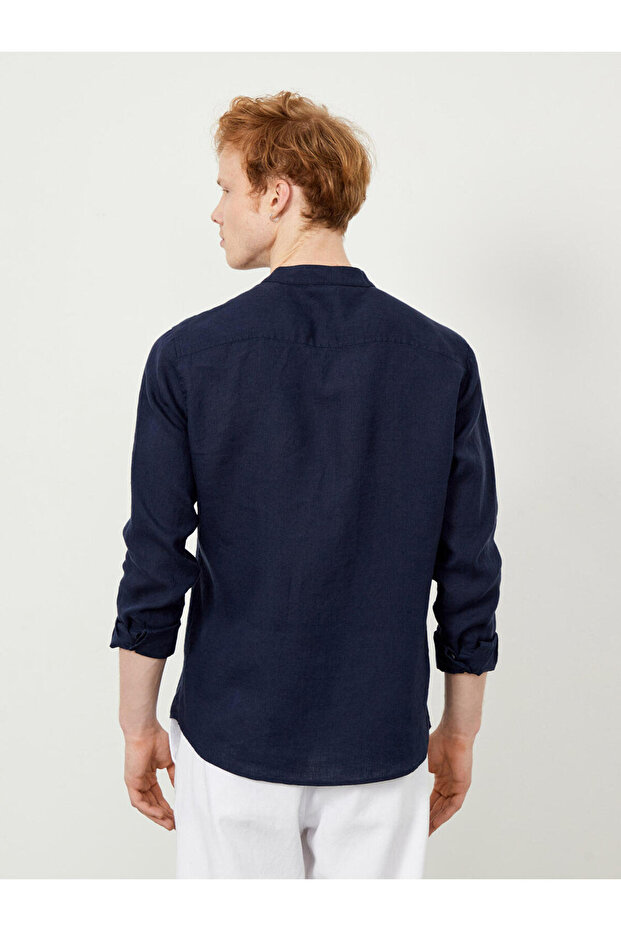 Erkek Lacivert Regular Fit Keten Basic Gömlek - 5