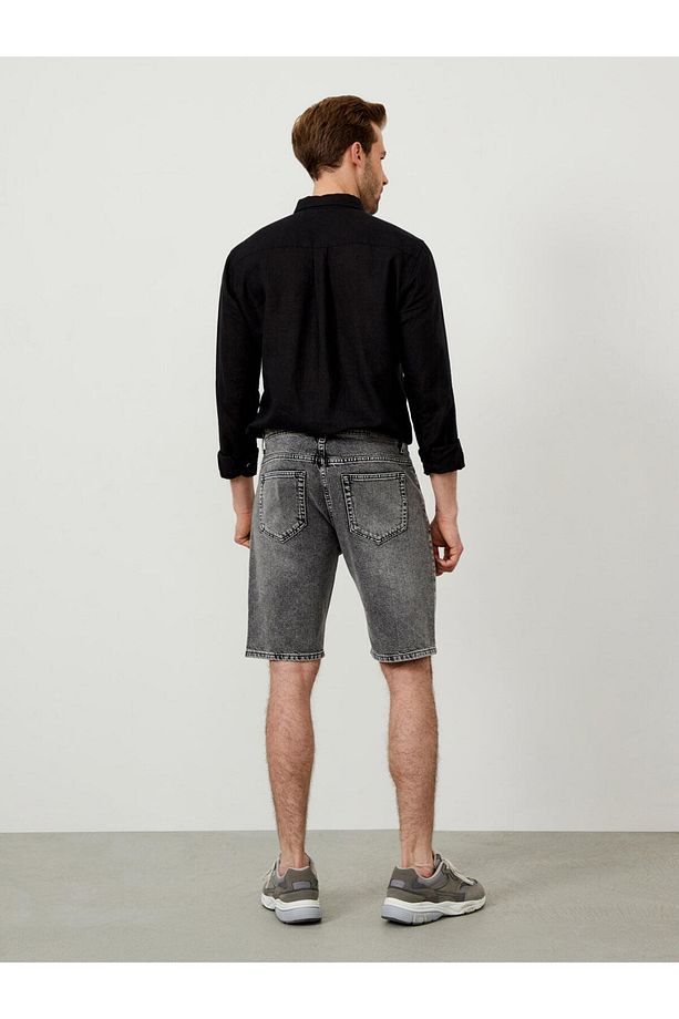 Erkek Gri %100 Pamuk Regular Fit Denim Şort - 4