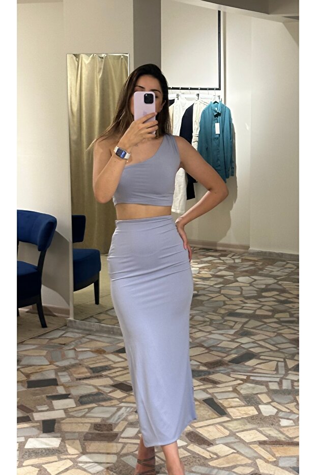 Kadın Lila Yırtmaçlı Uzun etekli ve Tek kollu crop Alt-Üst Takım - 5