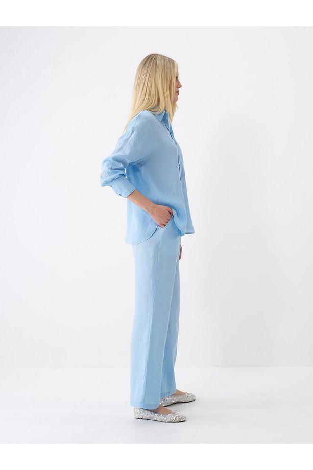 Kadın Mavi Regular Fit Keten Basic Pantolon - 1