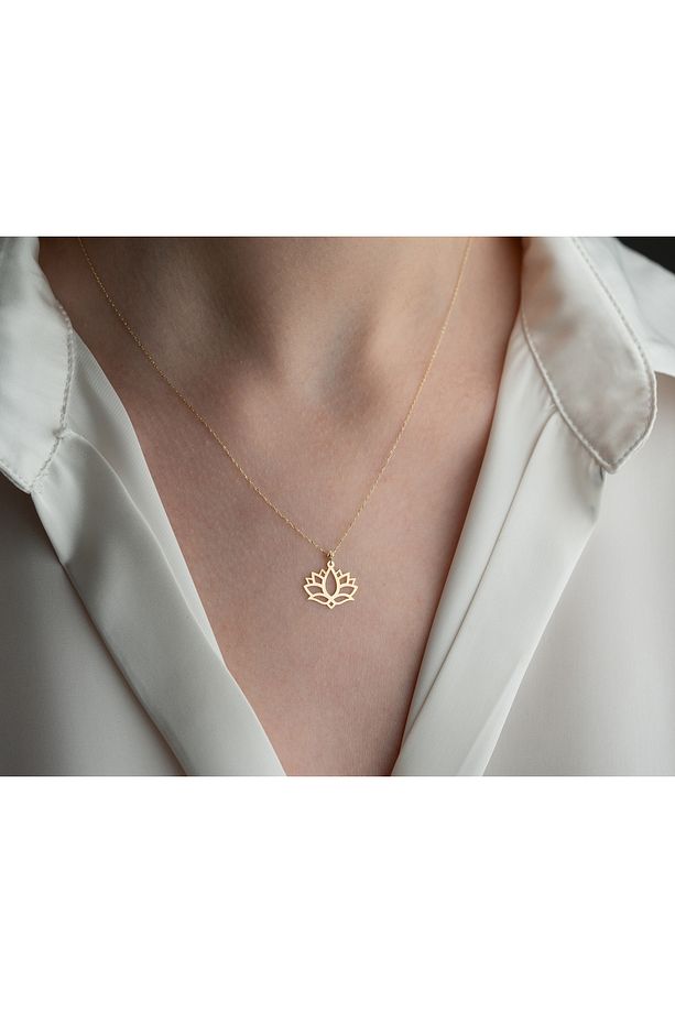 14 Ayar Altın Lotus Çiçeği Kolye Minimalist Hafif Kolye, 1,2 cm Genişlik - 4
