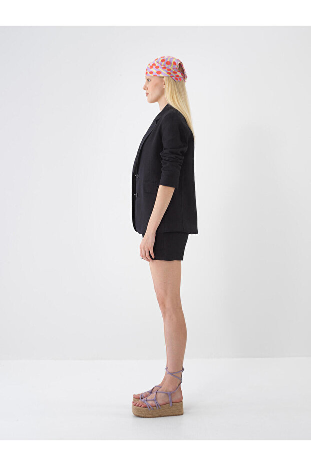 Women's Black Regular Fit Linen Basic Jacket - 3