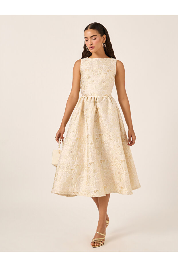 Jacquard Pleated Sleeveless A-Line Midi Dress
