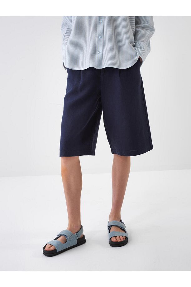 Kadın Lacivert Oversize Keten Basic Şort - 2