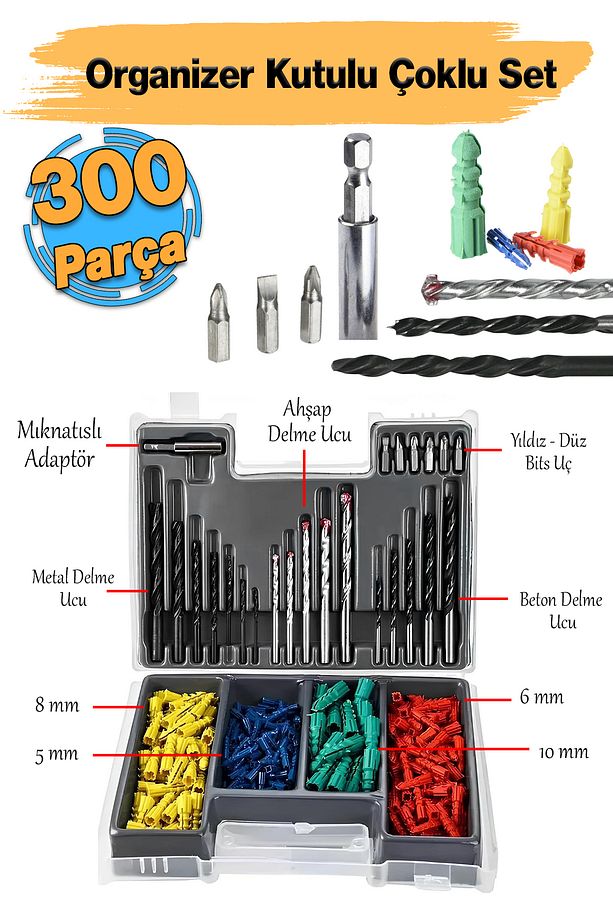 Matkap Ucu Set Duvar Metal Ahşap 17'li Delme 4 Çeşit Dübel 6 Farklı Yıldız Düz Bits Uç Organizer - 1