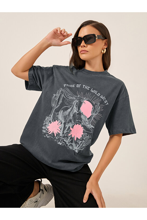 Acid Washed Graphic Print Oversized T-Shirt
