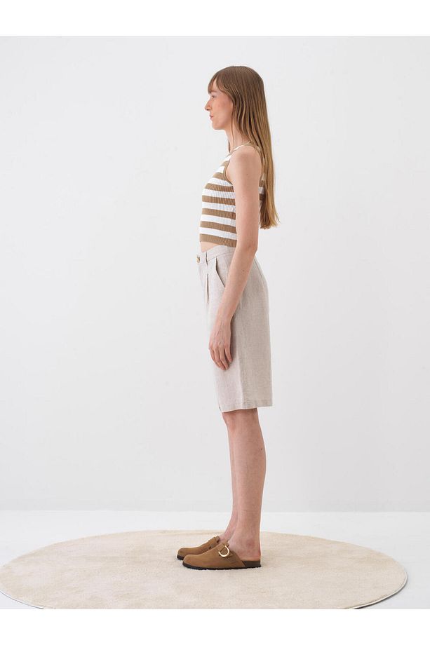 Kadın Naturel Oversize Keten Basic Şort - 3