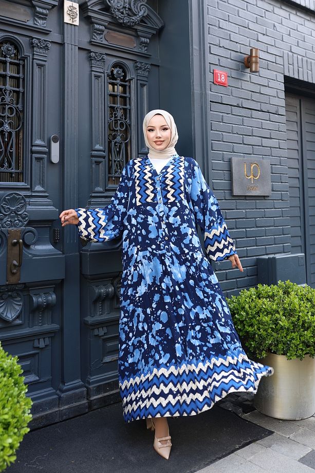 Kadın Mavi %100 Viskon Pamuklu V Yaka Alaçatı Model Kat Kat Elbise V897 - 5