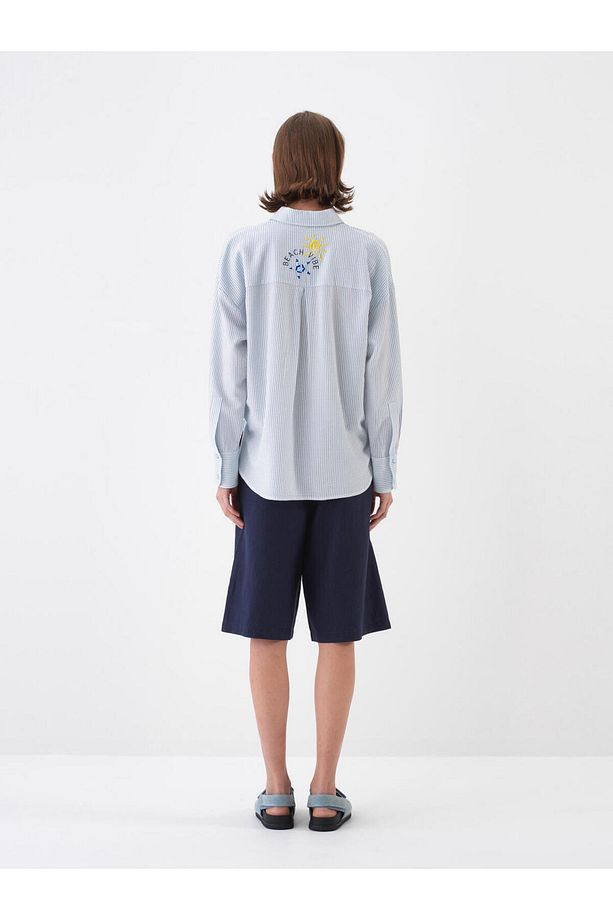 Kadın Lacivert Oversize Keten Basic Şort - 5