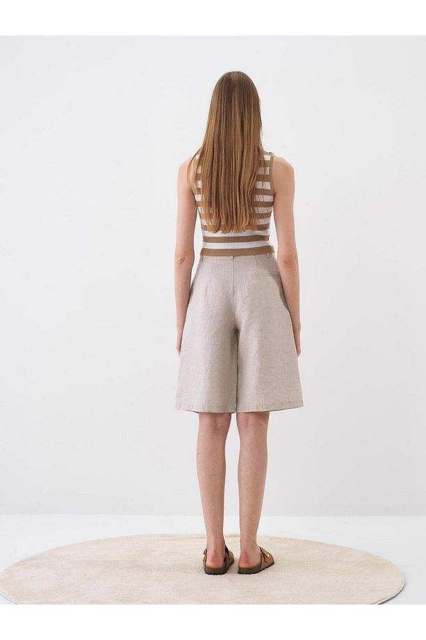 Kadın Naturel Oversize Keten Basic Şort - 5