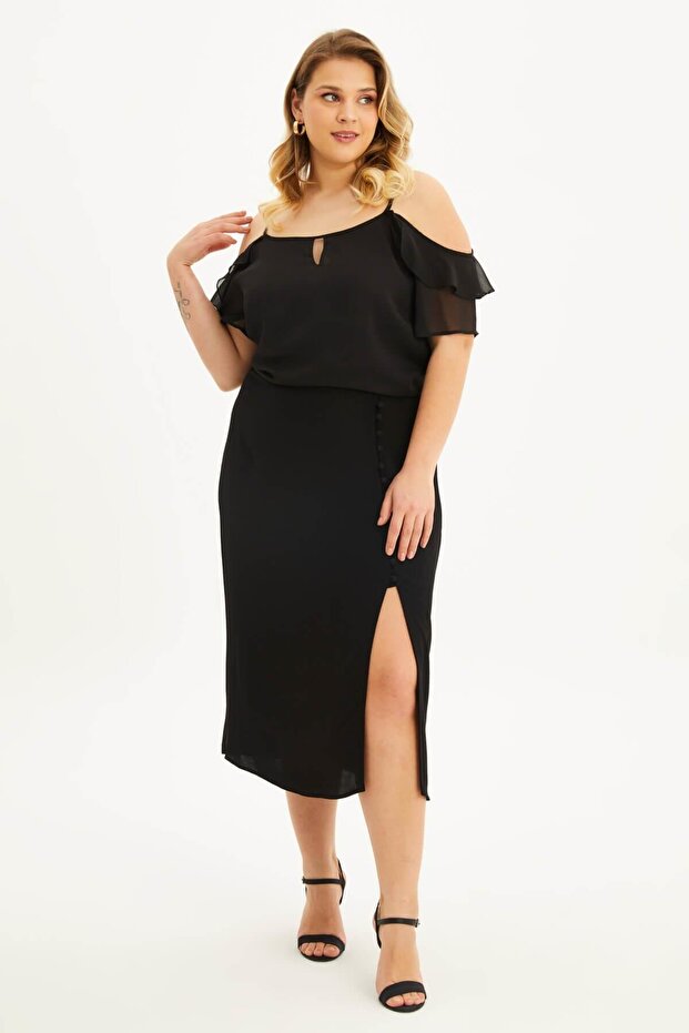 Buttoned Midi Skirt with Elastic Waist