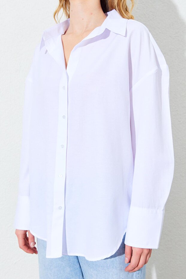 Kadın Beyaz Kalın Manşetli Basic Gömlek - 6