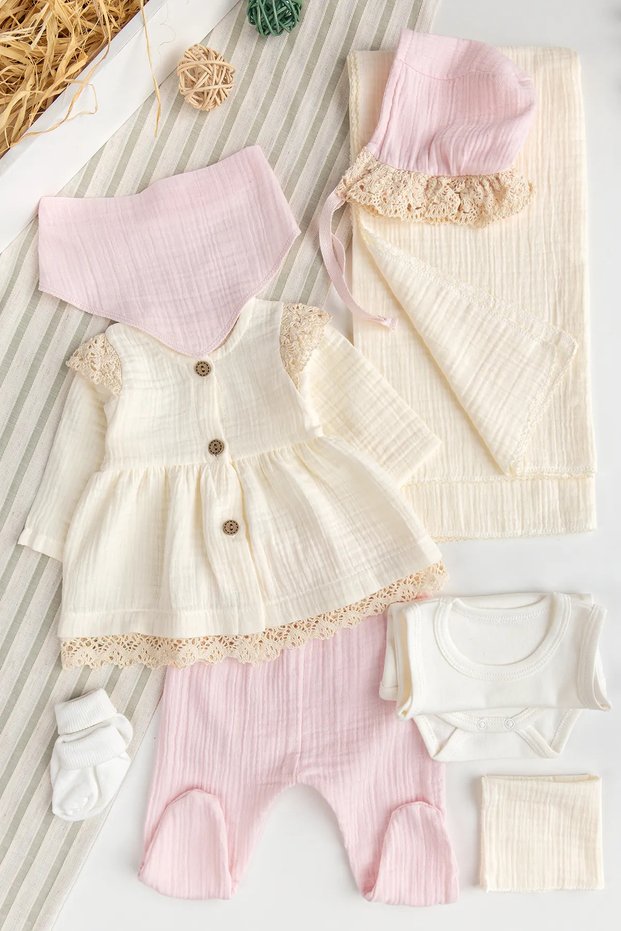 Muslin 100% Cotton Set of 8 Baby Girl Hospital Release Baby Set Newborn Set